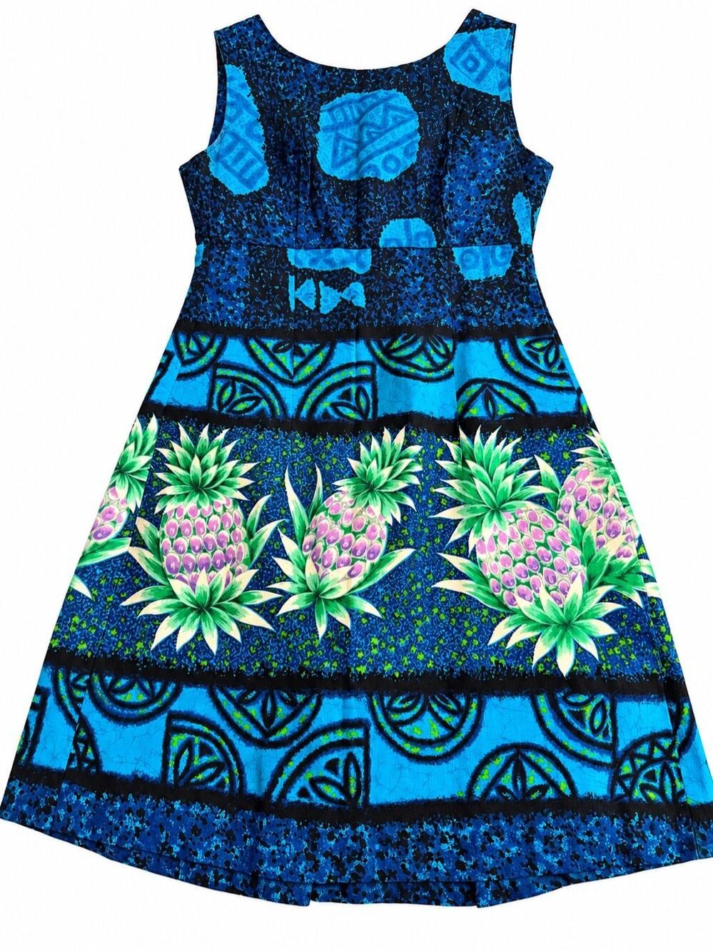 Hawaii Vintage Blue Pineapple Hawaiian Tropical A-Line Dress Size Small